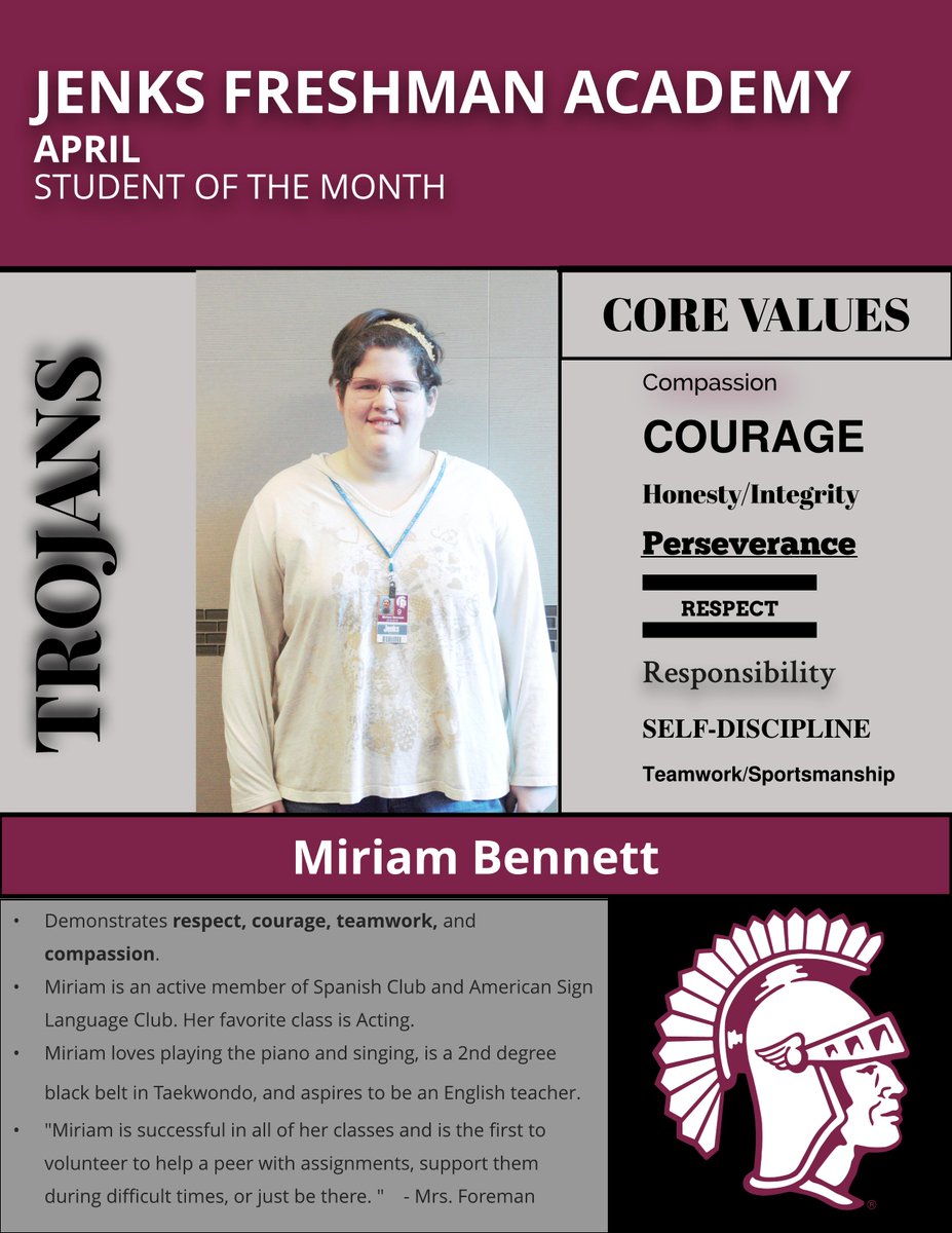 Congrats to our April Student of the Month, Miriam Bennett! Miriam is new to the Trojan family, but she fits right in with the way she demonstrates respect, courage, teamwork and compassion. Great job representing the FA, Miriam!