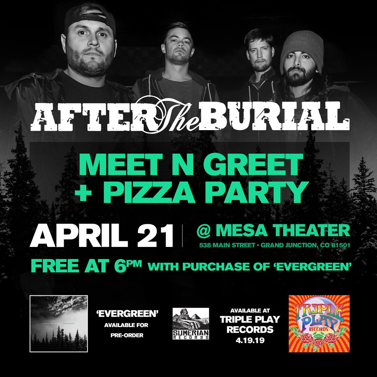 aftertheburial's tweet photo. Grand Junction! Come grab a slice and hang with your boys April 21st at the Mesa Theater!

https://t.co/qUmKvQN9Ud https://t.co/KTp6MXMvxb