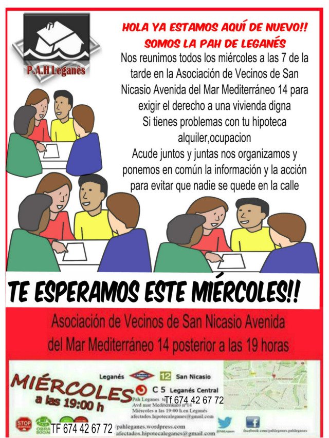 PahLeganes's tweet photo. Como siempre los #mIercolesAsamblea de Pah leganes donde siempre y a hora de siempre.
Ante cualquier problema de vivienda no dudes en acudir y entre todos los activistas que luchan por la #viviendaDigna para todas seguro que encuentran solucion https://t.co/uCuLWcGcoh