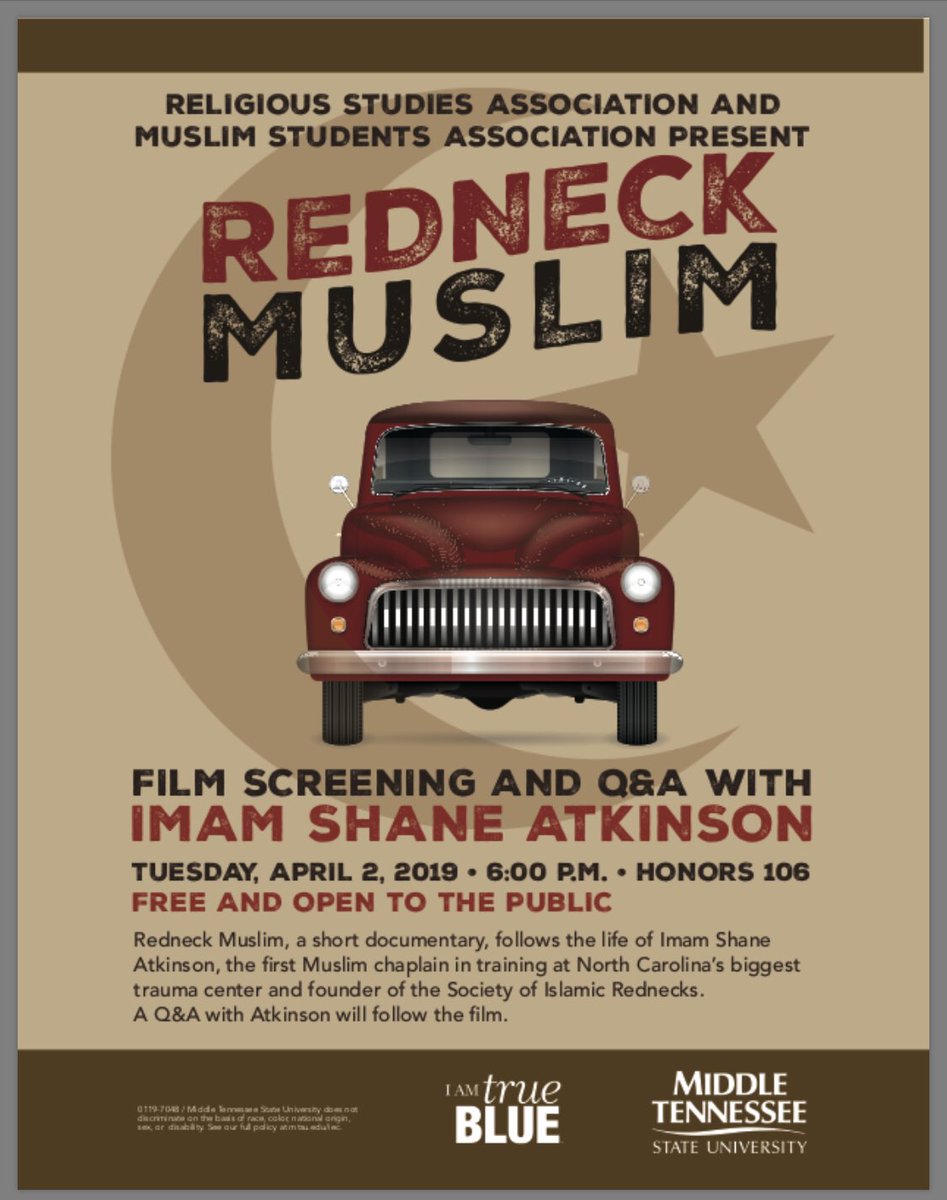 mtsu_religion's tweet photo. Don’t forget the film screening and Q&amp;A co-sponsored by the Muslim Students Association and the Religious Studies Association is tomorrow (Tuesday, April 2nd) at 6PM. https://t.co/Xv3RXJYlih