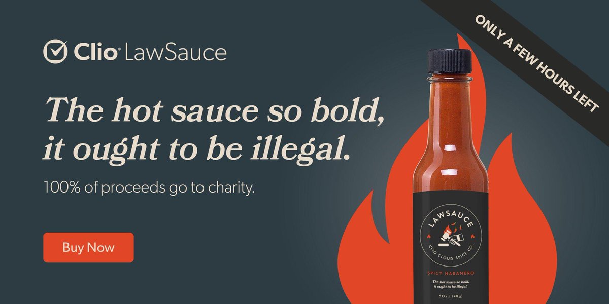 SURPRISE DEVELOPMENT!🎊Clio will match all donations from LawSauce purchases!💸✌️

All proceeds go to <a href="/BC2M/">Bring Change to Mind</a>, which works to end the stigma around mental illness. Order here: ow.ly/lfvM50oLyHc

Only a few hours left to spice up your practice!