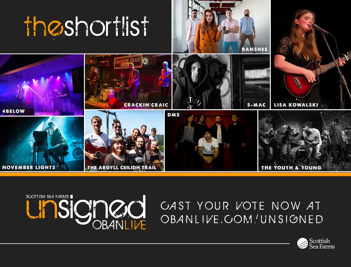OBANLIVE's tweet photo. VOTE NOW! The shortlists are in for the @scotseafarms Unsigned Oban Live competition! Who would you like to win a slot on the #OBANLIVE2019 line-up? Head on over to here 👉 https://t.co/t8HrxIjWUf  to see who made the cut and cast your vote by 12pm April 22. Good luck everyone https://t.co/mPIZy5ZqkI