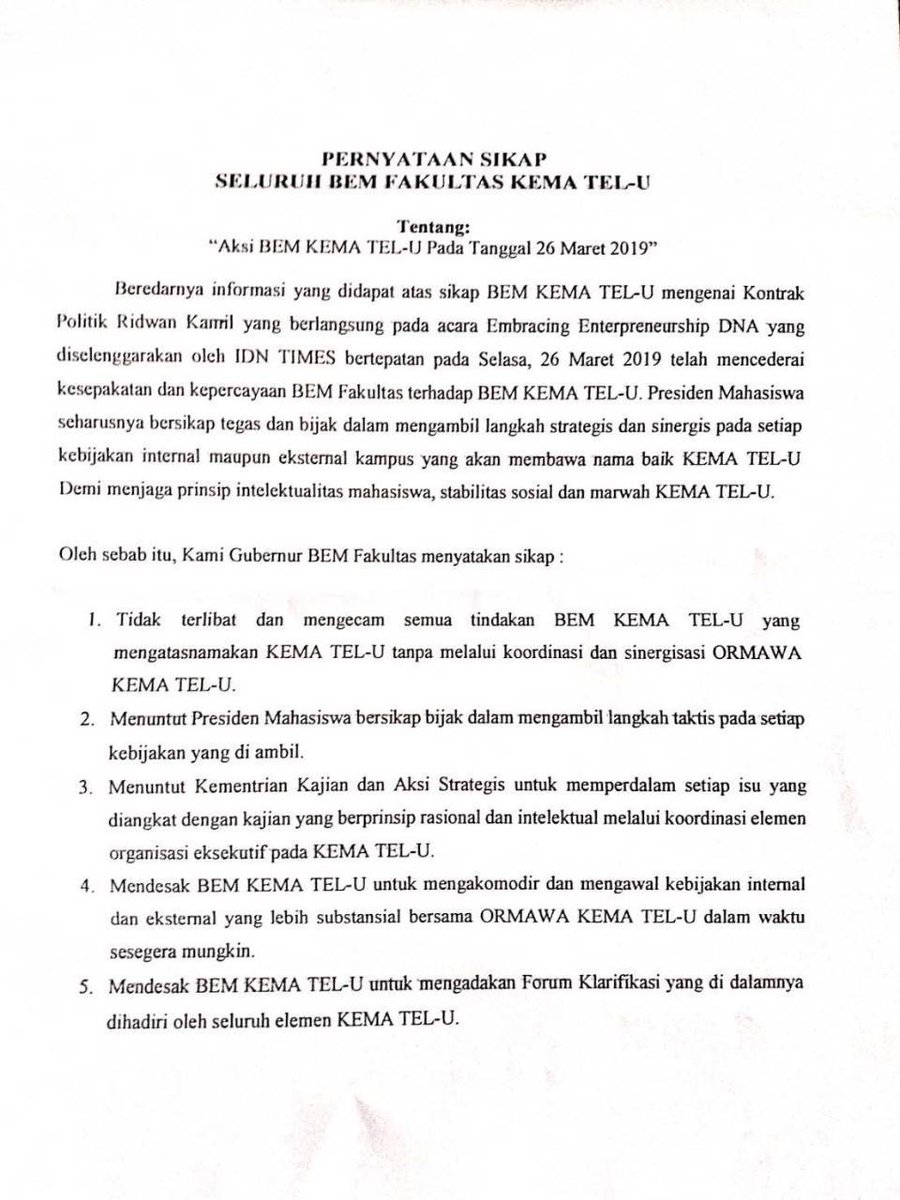 PERNYATAAN SIKAP SELURUH BEM FAKULTAS KEMA TELKOM UNIVERSITY bemfebunivtelkom.wordpress.com/2019/04/01/per…