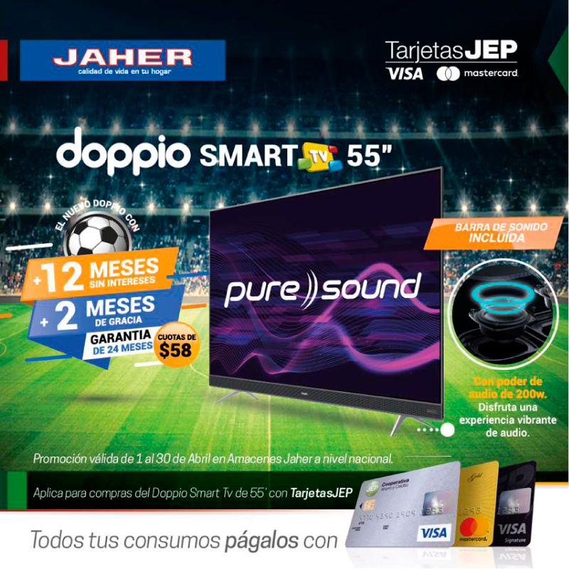 CooperativaJEP's tweet photo. En #JAHER con tus #TarjetasCréditoJEP llévate un #Doppio SMART Tv de 55” en cuotas de USD58. Diferido a 12 meses sin intereses + 2 meses de gracia. *Vigencia del 01 al 30 de Abril 2019 a nivel nacional. https://t.co/D9EDlfJ7mt