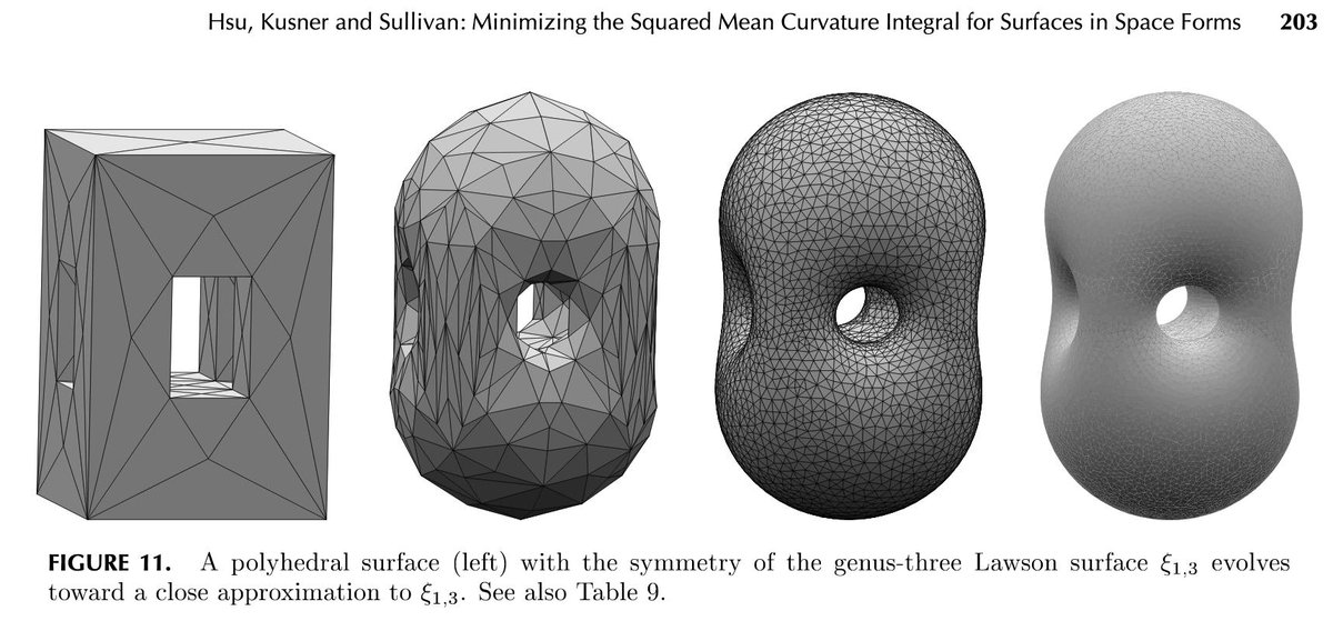 Figure 11 from Hsu, Kusner and Sullivan, "Minimizing the Squared Mean Curvature Integral for Surfaces in Space Forms": A polyhedral surface with the symmetry of the genus 3 Lawson surface \xi_{1,3} evolves towards a close approximation to \xi_{1,3}.