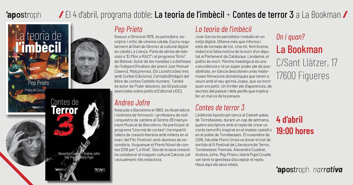postroph's tweet photo. Aquest dijous presentarem, a La Bookman de Figueres, la novel·la 'La Teoria de l'imbècil', d'en Pep Prieto, i 'Contes de terror 3' en el que, a més d'en Pep Prieto i l’Andrea Jofre, també han participat Alexandra Cuadrat i Adrià Pujol. #LaTeoriaDeLImbècil #ContesDeTerror3 https://t.co/nlrdVStUI4