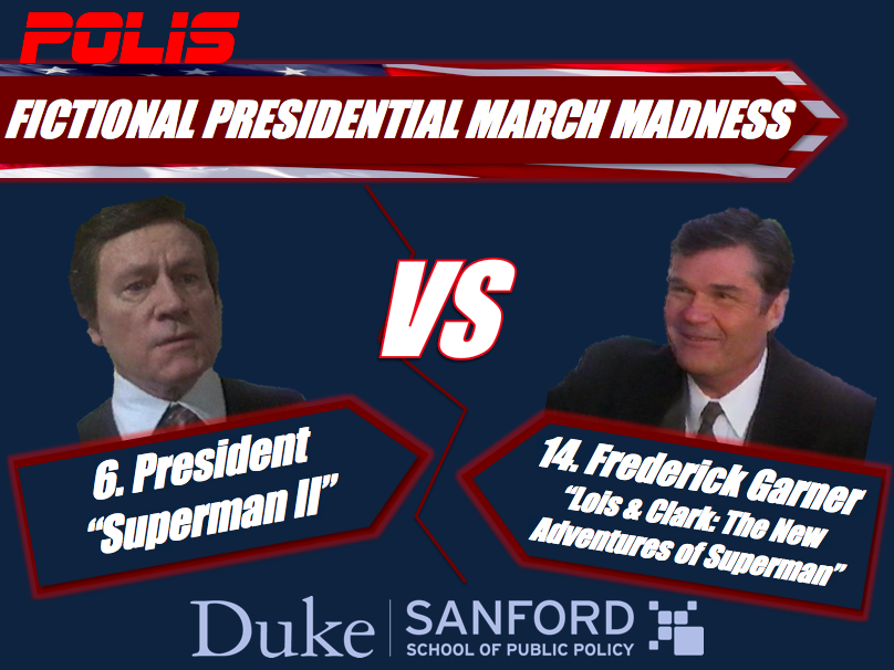 PolisAtDuke's tweet photo. Fictional Presidential March Madness -- Superman vs. Superman? Say it ain't so! The 3-seed POTUS of "Superman II" (E.G. Marshall) battles 14-seed President Frederick Garner of "Lois & Clark: The New Adventures of Superman" (Fred Willard). #FPMM #MarchMadness #AprilFools https://t.co/NddQwCMdaf