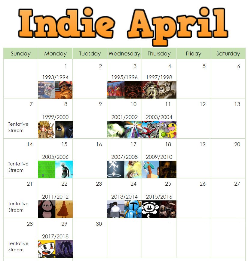 JonusLive's tweet photo. Ok - here is the plan for April. I'm going to be looking at 26 years of indie gaming on my channel. 2 years per stream, starting with 1993 tonight! Here is the schedule, can you guess all the games! (i'll be posting the schedule in discord) https://t.co/QMO0Y6LmPA