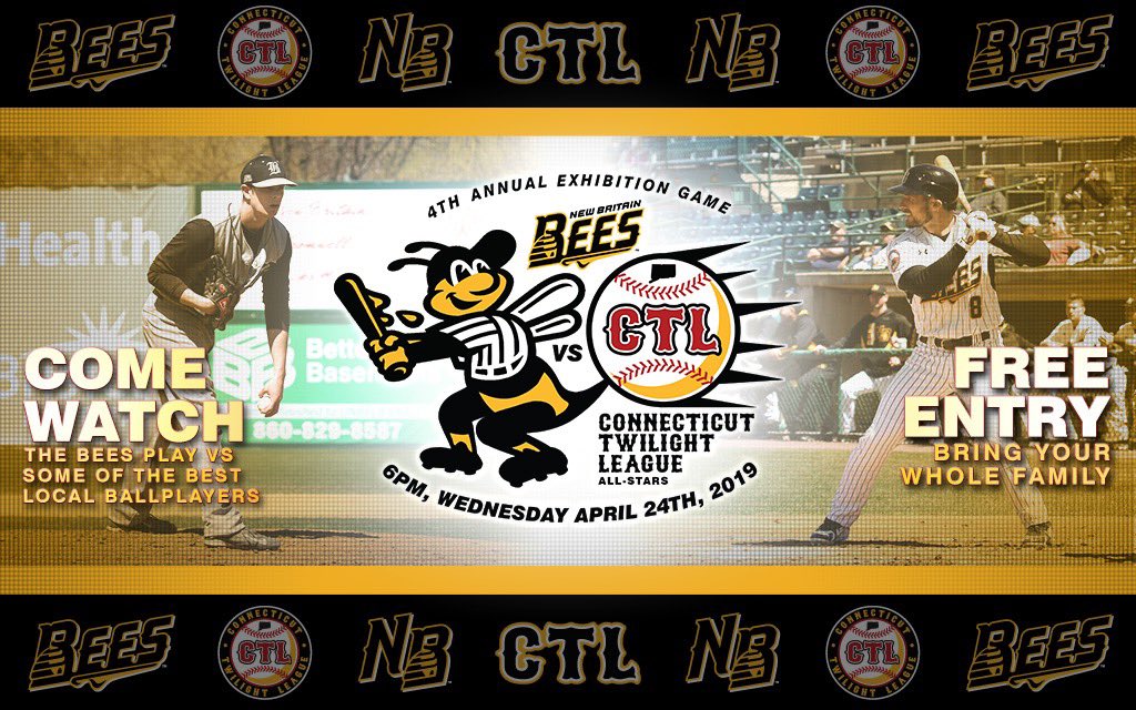 CTLbaseball's tweet photo. THE PRE-SEASON TRADITION CONTINUES (not April Fools)... 4th annual Connecticut Twilight League exhibition vs @newbritainbees ....The CTL 2018 All-Stars &amp; Award winners vs the paid professionals, 6pm WED 4/24.
#nbbees #itsbetterwiththebees  #CTLBaseball #Baseball #connecticut https://t.co/8XGdeQsgzp