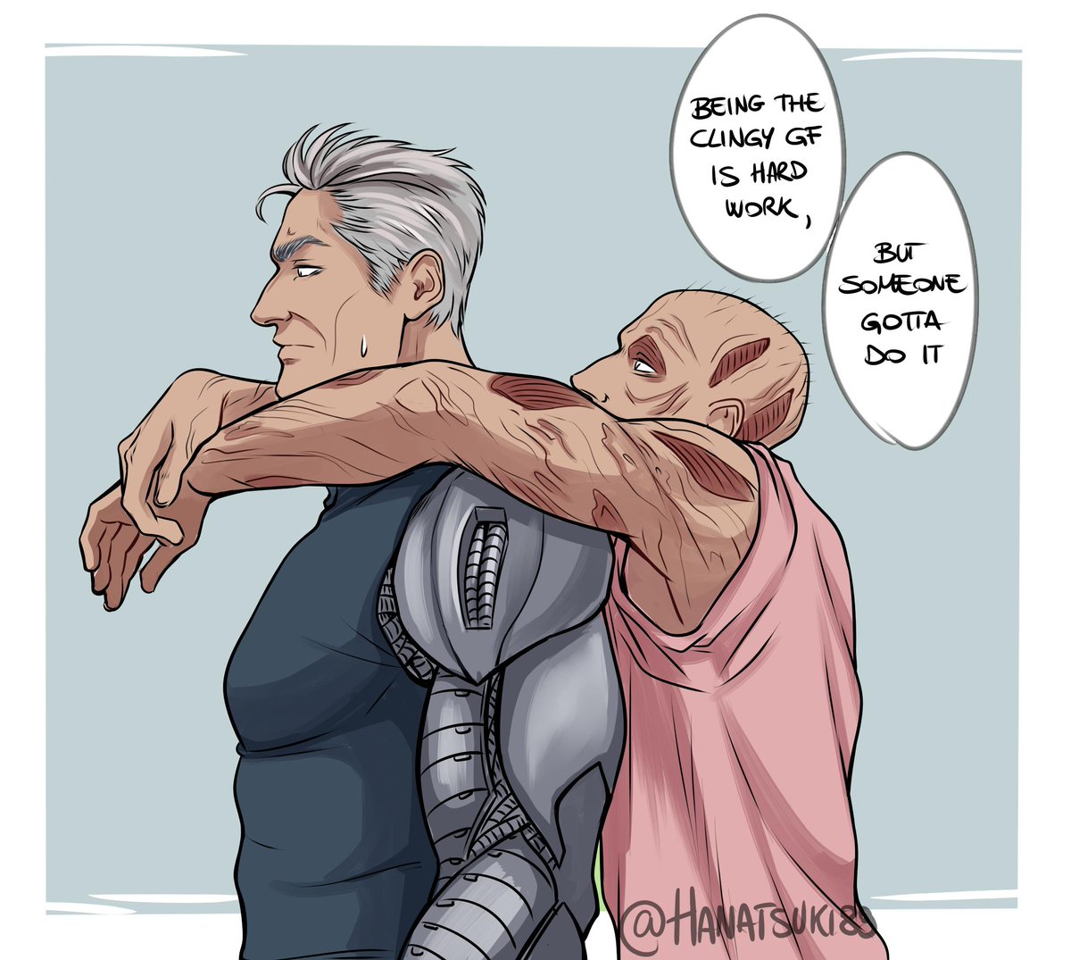 Hanatsuki89's tweet photo. I’ve tried to draw Cable for the first time…both Brolin-Cable and comics-Cable because I can’t choose!
P.s. Pity you can’t see that Wade’s pink shirt is a Hello Kitty one.
#cablepool https://t.co/F2mafMsHED