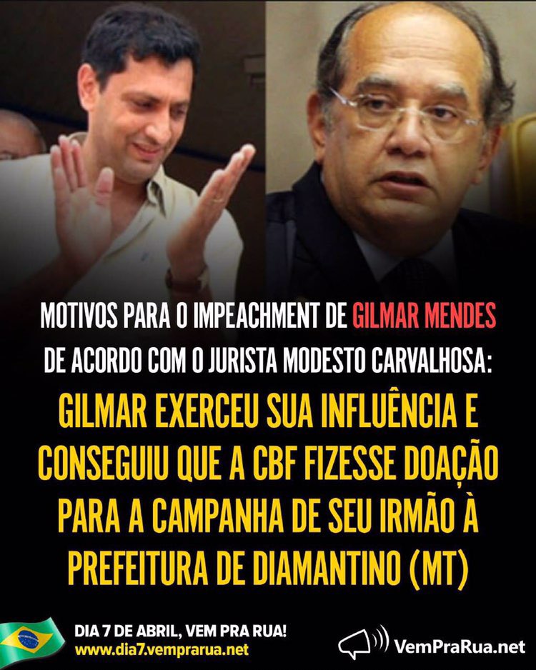 #Dia7PeloBrasil

Impeachment de Gilmar Mendes Já!