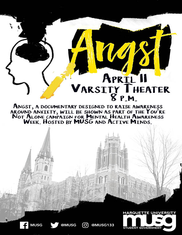 MUStudentGov's tweet image. Come join us at Varsity Th ow.ly/d/8izC ow.ly/d/8izDeatre on Thursday, April 11 to watch the Angst Documentary! A documentary about mental health issues and bringing in awareness around anxiety.  For more information visit:  angstmovie.com