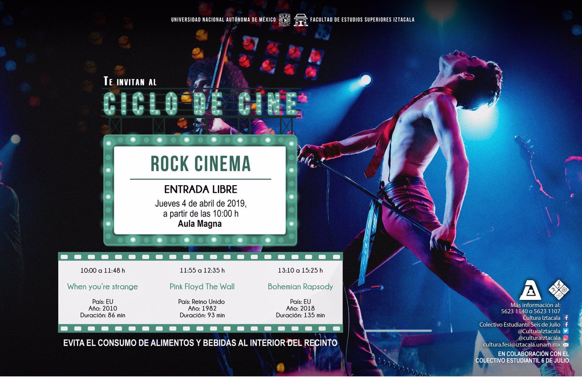 FESI_UNAM's tweet photo. Si te gusta el cine y disfrutas de la buena música no te puedes perder el Ciclo de cine este jueves 4 de abril en Aula Magna, a partir de las 10 h con películas como: When you're strange, Pink Floyd The Wall y Bohemian Rapsody 
¡ENTRADA LIBRE! https://t.co/cBbVBF0qyj