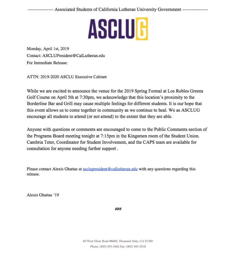 Statement regarding the location of Spring Formal 2019