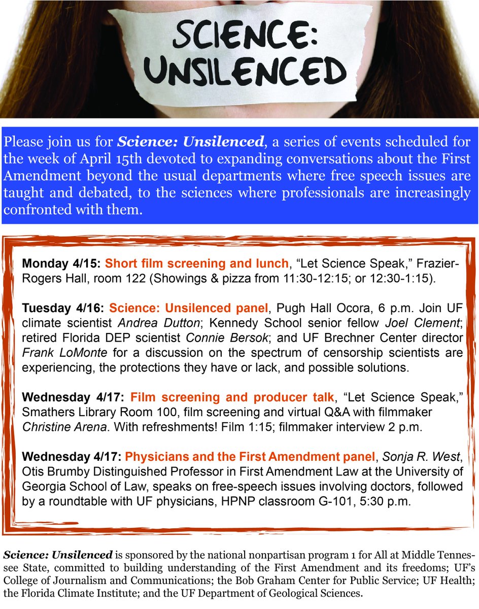 SO excited to announce this event, organized by the formidable <a href="/cynthiabarnett/">Cynthia Barnett</a> : Please join us <a href="/UF/">FLORIDA</a> for "Science: Unsilenced", a week-long series of events to explore 1st amendment rights &amp; the silencing of scientists. Feat. <a href="/ChristineArena/">Christine Arena</a> @jclement4maine &amp; more! April 15-17