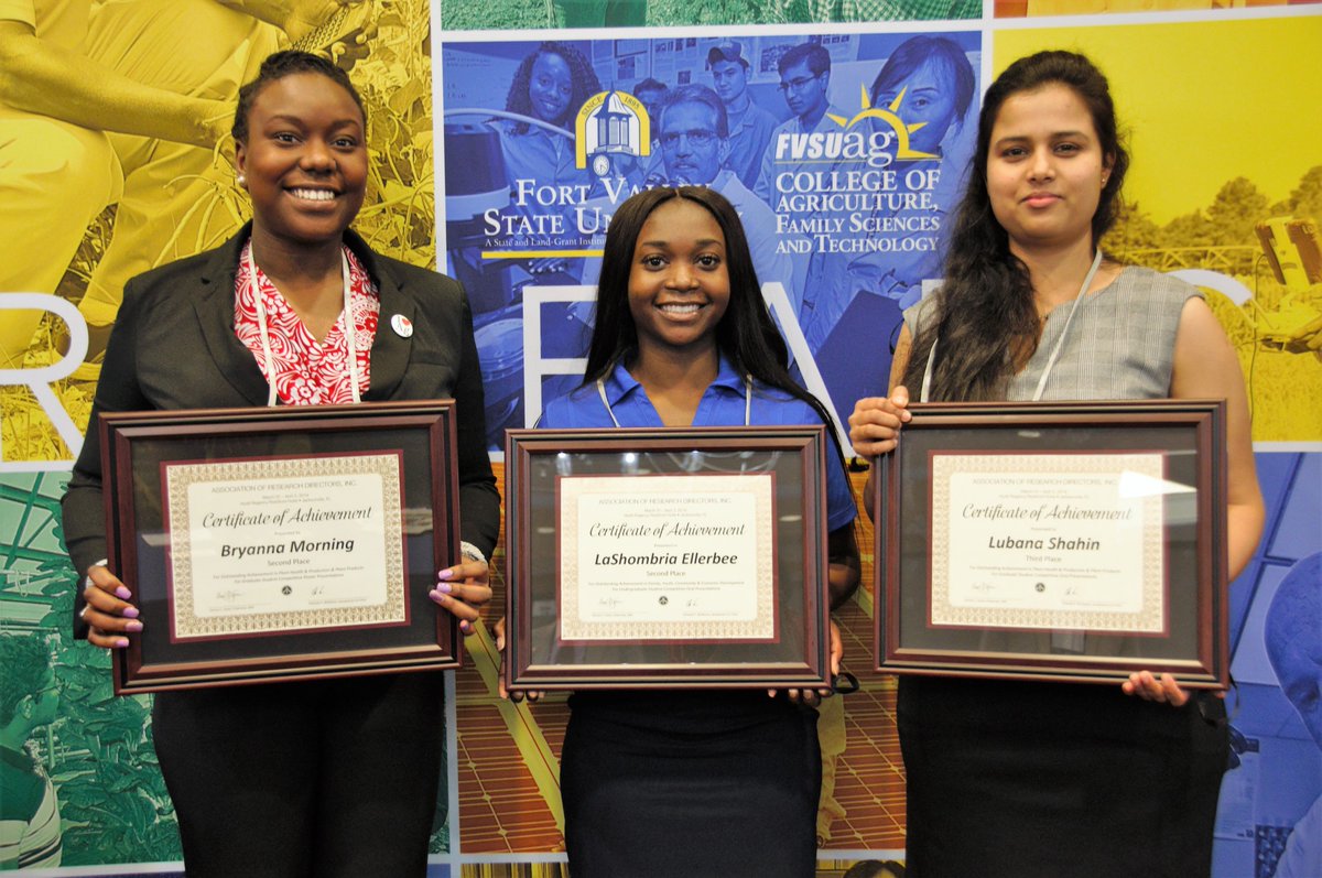 FvsuAg's tweet photo. Congrats to our #Wildcats for winning big at the 2019 Association of 1890 Research Directors Symposium for their oral presentations. LaShombria Ellerbee and Breyanna Morning earned second place awards. Lubana Shahin and Adelia McKinley earned third place awards.
#1890ard #FVSUag https://t.co/Pxg4sw6xGy