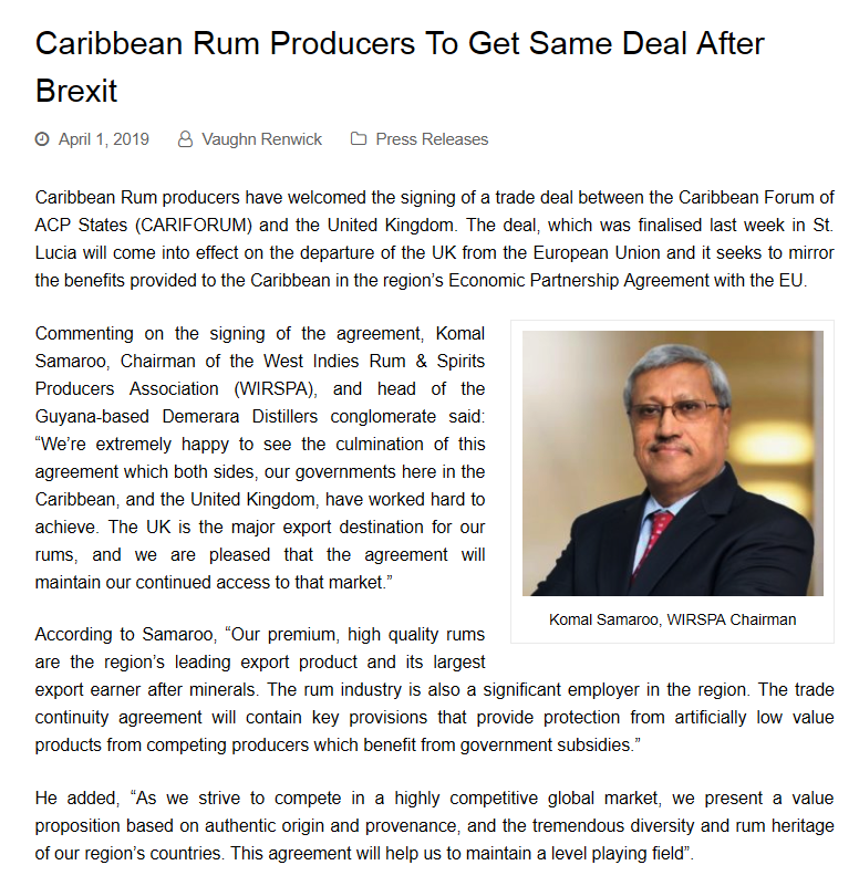 wirspa_rum's tweet photo. Caribbean Rum Producers to get same deal after Brexit.
#Trade #EconomicPartnershipAgreement #Brexit #AuthenticCaribbeanRum #WIRSPA #Rum https://t.co/e1YxpaXbEH