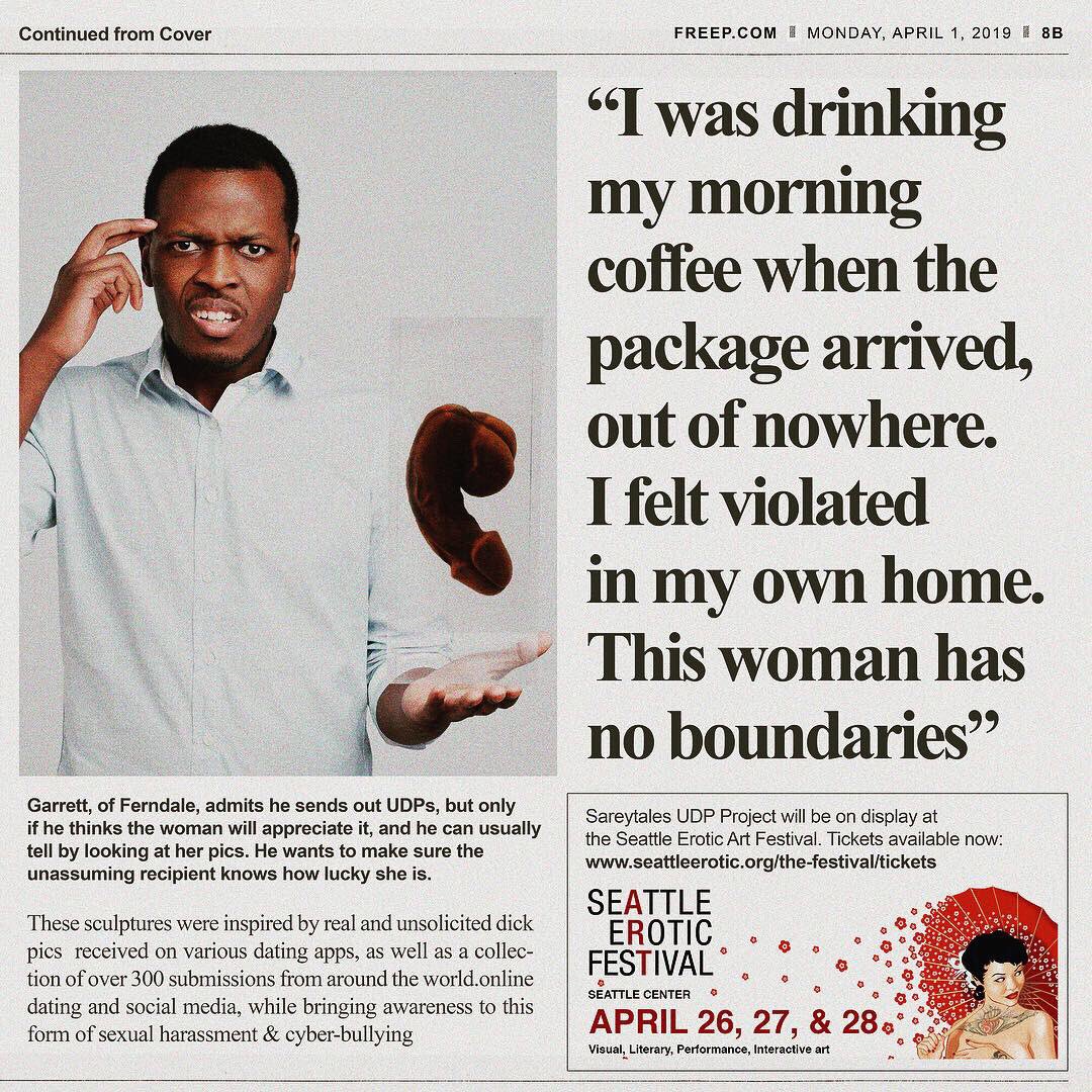 sareytales's tweet photo. RETURN TO SENDER 🍆 visit https://t.co/RrQU5t6cY9 for the next installment of the #UDPProject, and hear reactions from the guys who literally got their own dick pics handed back to them as life-sized sculptures.

Sculptures will also be on display  @seattle_erotic, April 26-28. https://t.co/W8ppf7JQNE