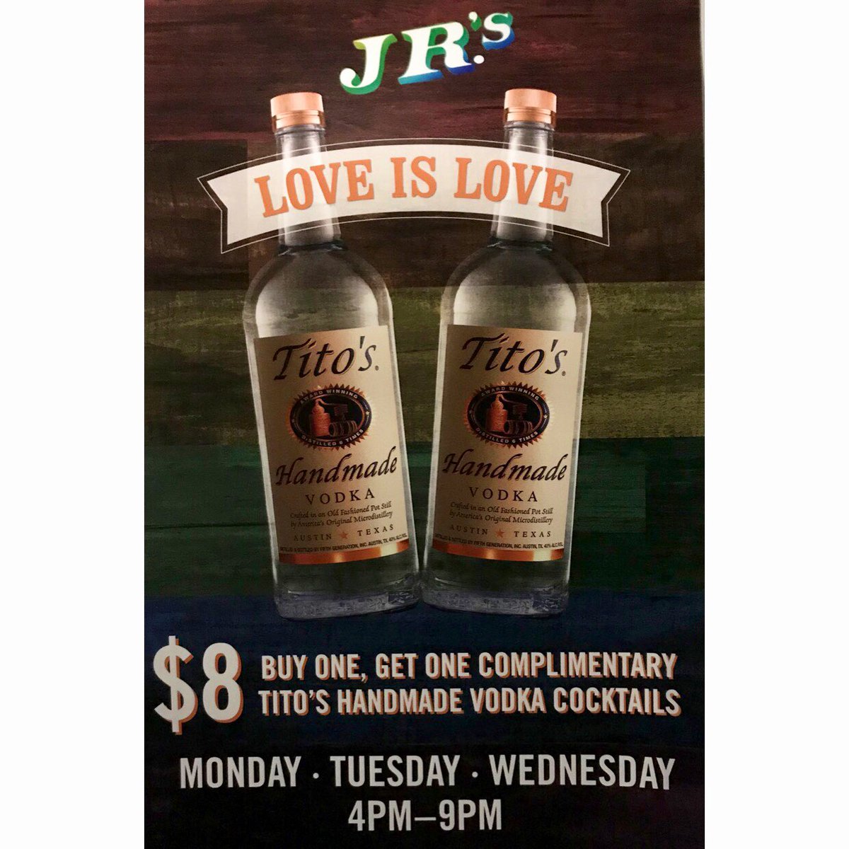 JR's Bar & Grill (@jrsbarindc) on Twitter photo 2-4-1 <a href="/TitosVodka/">TitosVodka</a> every Monday, Tuesday, and Wednesday as part of #BOGO #HappyHour from 4-9! 2-4-1 <a href="/TitosVodka/">TitosVodka</a> every Monday, Tuesday, and Wednesday as part of #BOGO #HappyHour from 4-9!