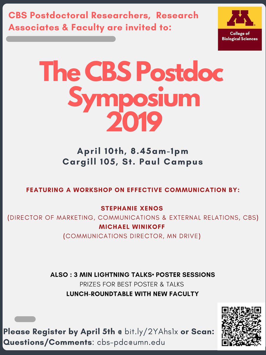 UMNCBS_PDC's tweet photo. Hey CBS Postdoctoral Community and Faculty, do not forget to register by tomorrow for the annual CBS #Postdoc symposium featuring a workshop on effective communication by Stephanie Xenos (@umncbs) and Michael Winikoff (@BTI_UMN).
Prizes for best 3min lightning talks and posters. https://t.co/mSuS1vQuDx