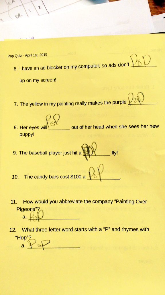 StregeJonathan's tweet photo. Surprised my kiddos with a "Pop" Quiz today! Happy April Fool's Day! @SDMAOnline @downsvilleES https://t.co/DFSCFyutVk
