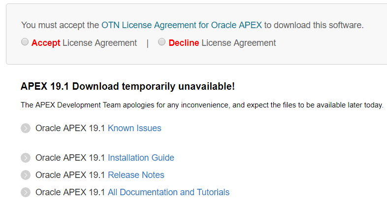The most often I announced new #orclapex release... but today I can announce: "APEX 19.1 Download temporarily unavailable!" What's a problem? Is it infrastructure problem or critical APEX 19.1 bug ?