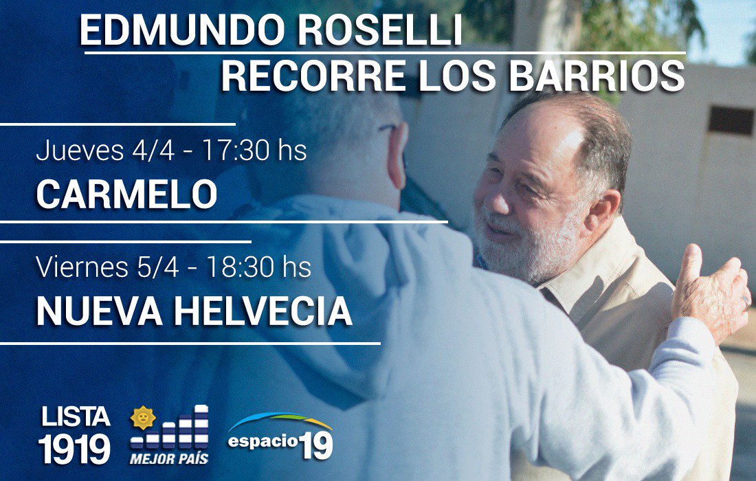 RoselliEdmundo's tweet photo. Seguimos recorriendo, conversando, escuchando y aprendiendo. La #Lista1919 esta semana en barrios de Carmelo y Nueva Helvecia. https://t.co/0avpsGIaWg