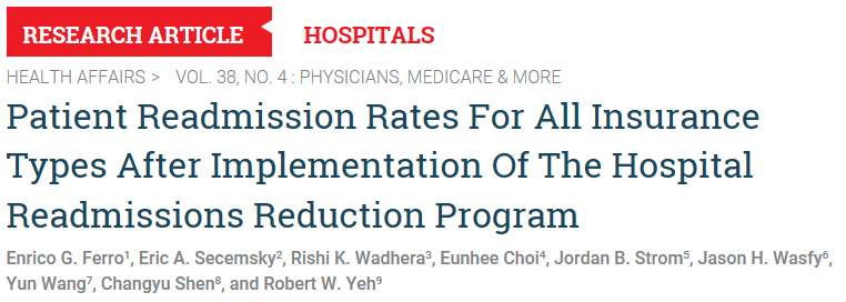 BIDMC Smith Center (@smithbidmc) on Twitter photo In a study published in <a href="/Health_Affairs/">Health Affairs</a> today, <a href="/enricoferroMD/">Enrico Ferro, MD</a> and colleagues found that the Hospital Readmissions Reduction Program was associated with nationwide readmission reductions beyond the Medicare patients originally targeted by the policy: bit.ly/2JXvNlz In a study published in <a href="/Health_Affairs/">Health Affairs</a> today, <a href="/enricoferroMD/">Enrico Ferro, MD</a> and colleagues found that the Hospital Readmissions Reduction Program was associated with nationwide readmission reductions beyond the Medicare patients originally targeted by the policy: bit.ly/2JXvNlz