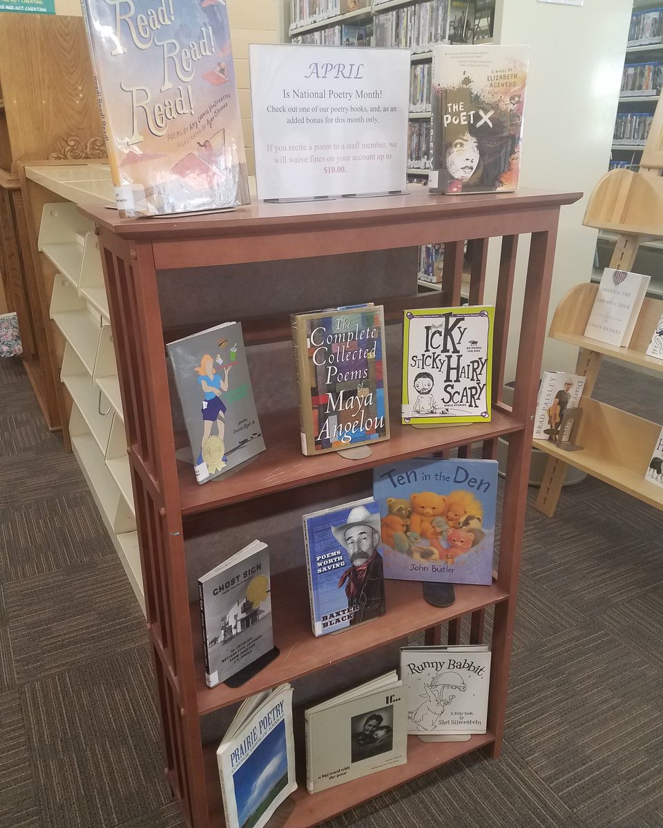 April is National Poetry Month! 🖋 For this month only, if you recite a poem to a staff member, we will waive your fines up to $10.00. 💵📚
-MG
#nationalpoetrymonth #poetry #librariesarefun #libraries #booksarefun #childrensbooks #poetrybooks #waivefines #auniverseofstories