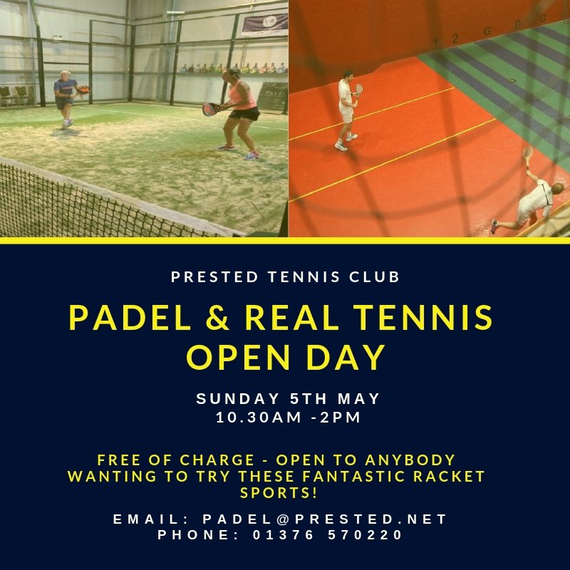 #Padel &amp; #RealTennis OPEN DAY!
Join us Sunday 5th May 10.30am - 2pm and try the two best racket sports in the world! #RacketSports #Essex #Padel #Real #OpenDay #FreeSport #FreeTrial #Sport #PrestedHall