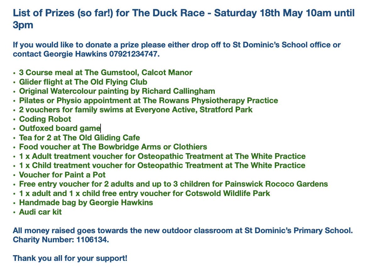NailsworthThe's tweet photo. Here is the latest prize list, more to come but this is a little ‘taster’ of what you could win on the day #theoldflyingclub #therowansphysiotherapypractice #clothiersarms #bowbridgearmsstroud #thewhitepractice #painswickrococcogarden #cotswoldwildlifeparkandgardens #audiuk https://t.co/fZp4rG6art