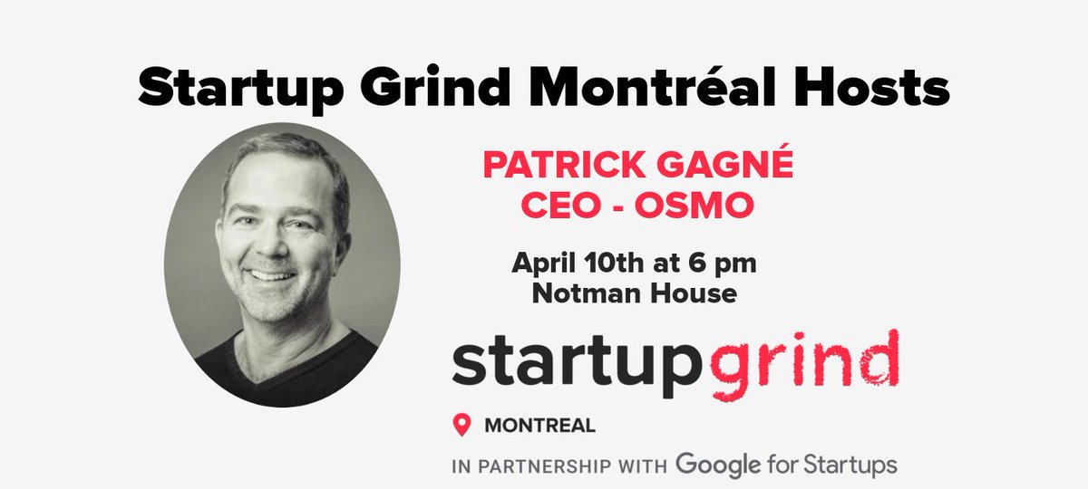 The Montréal chapter is kicking off the spring season with <a href="/PatrickGagne/">Patrick Gagne</a> from <a href="/osmomtl/">OSMO</a> at <a href="/notman/">Maison Notman House</a> on april 10th! Tickets: lickst.at/sgmtl-patrickg… #NotAnAprilFools #startupmontreal #bonjourstartup