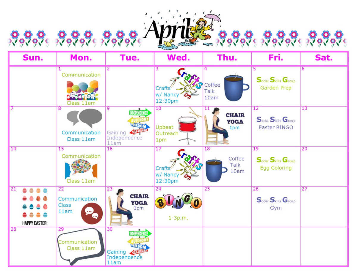 April showers bring May flowers, what will the Center for Independent Living of NCPA bring? Check out the calendar to find out! #Crafts #CoffeeTalk #SSG #Communication Mike Wrench - Upbeat Outreach <a href="/HouseofWrench/">Mike Wrench</a> #ChairYoga #BINGO #Easter