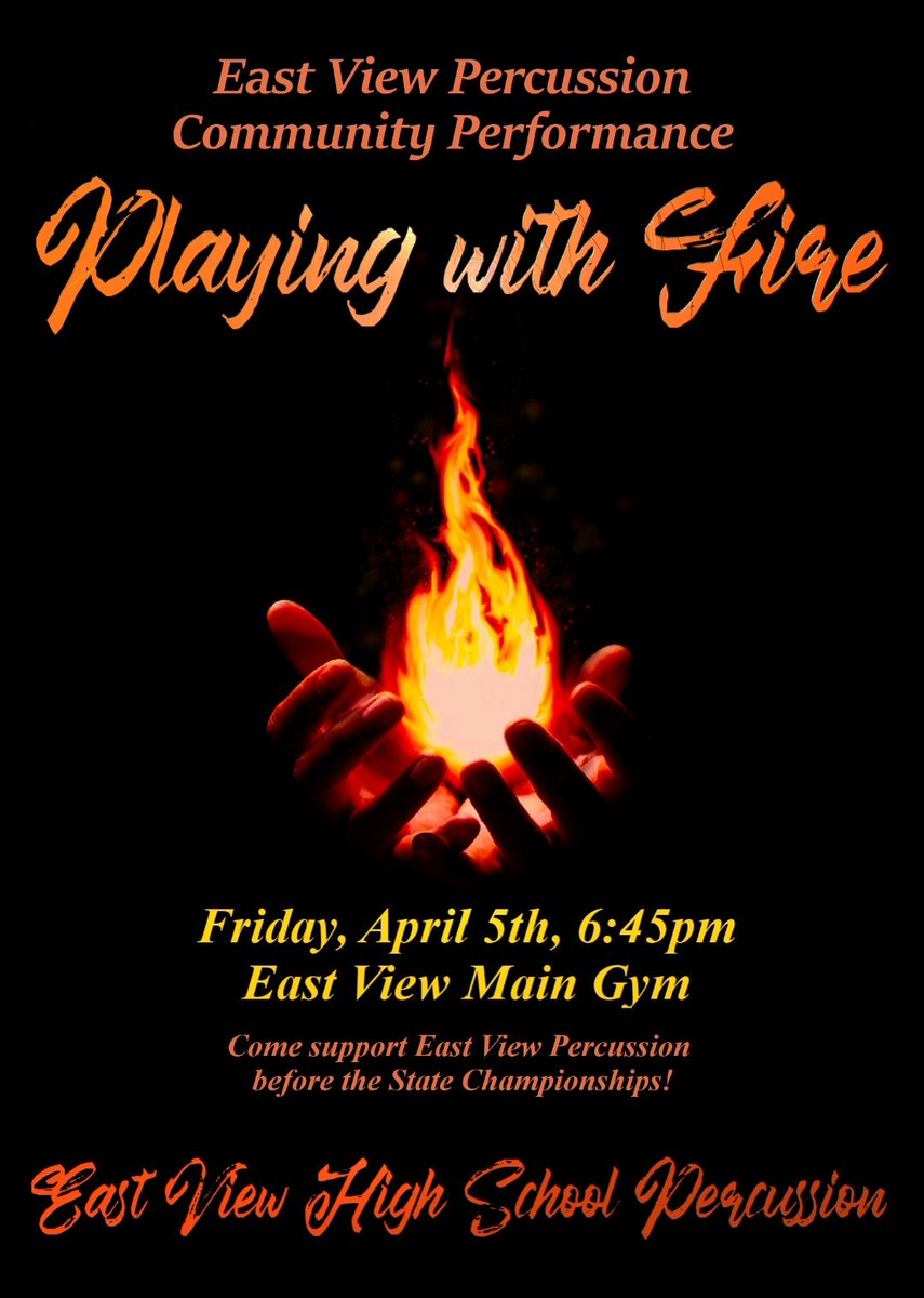 Hey Central Texas! Wanna see something cool Friday night? Be at the <a href="/EastViewHS/">East View HS</a> gym by 6:45 to catch the <a href="/EVDrumline/">East View Drum Line</a> show
#playingwithfire before #tcgc championships! 🔥🥁🎶🎹🔥