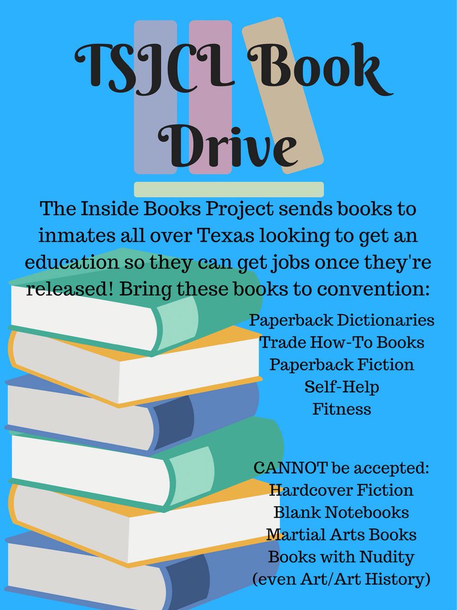 tsjcl's tweet photo. Have extra books lying around? Donate them to the Inside Books project at the TSJCL state convention! #TSJCL #TexasJCL https://t.co/bDVWZFXCdm