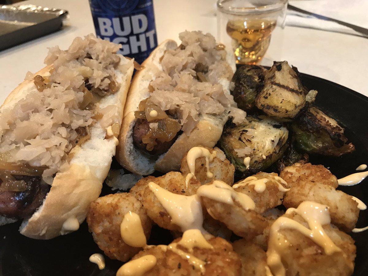 #LateNightGrill Mrs. Uncle Dude worked late so we pissed off the neighbors and fired the grill up at 9:30 pm. @Johnsonville vs. @ButcherandBoar taste test. Grilled Brussels Sprouts & Crispy Crowns w/ @trufflife Truff aioli . The hometown squad won. Quaff: Diet Bud & @BulleitUSA