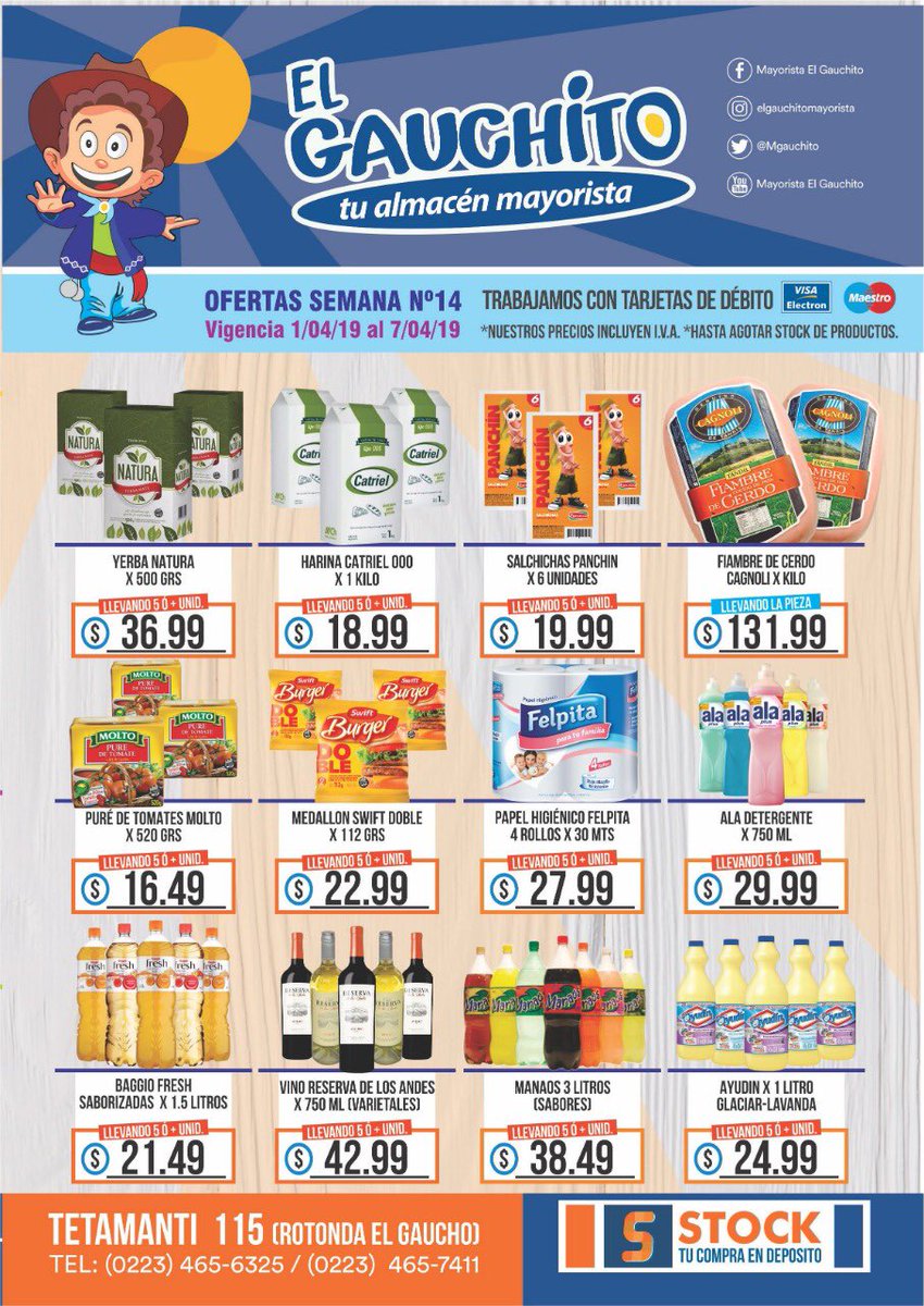 MGauchito's tweet photo. 🎉🎉TOP OFERTAS SEMANALES🎉🎉

Alimentos, Bebidas, Lacteos, Fiambres, Perfumería, Limpieza.

TE ESPERAMOS😉

El Gauchito, tu almacén mayorista.

#elgaucho #elgauchito #mayorista #almacen #mercado #mardelplata #ofertas #precios #supermercado #preciosbajos #barrio #mdq https://t.co/yp2yzFYMc8