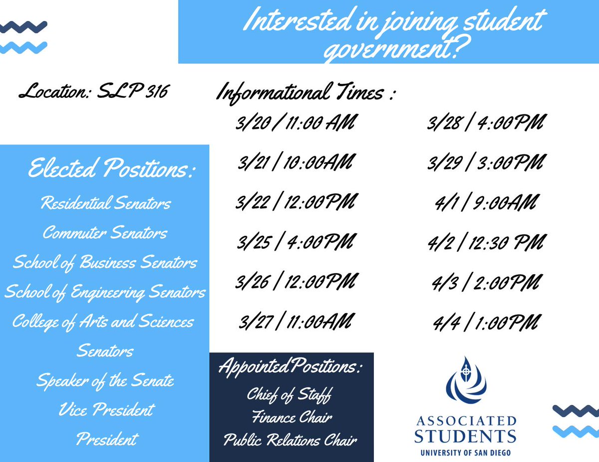 Don't forget to attend an informational, if you are interested in joining student government the coming school year Toreros!