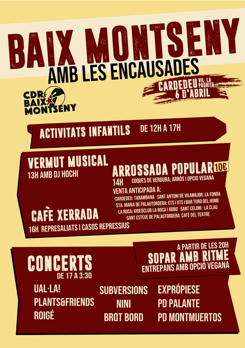 CDR_LaRoca's tweet photo. Jornada antirepressiva Baix Montseny!

En suport de les encausades del territori per les accions de l'últim any, perquè només el poble salva el poble!
 
Guardeu-vos aquest 6 d'abril, hi haurà activitats per tota la família. Us hi esperem! 

#CDREnXarxa #CDRBaixMontseny https://t.co/VNPYy0piX6