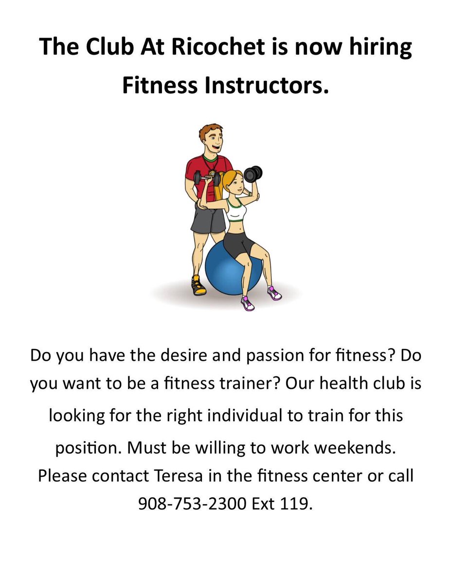 RicochetHC's tweet photo. Job opportunity in our Fitness Center #theclubatricochet #Jobopportunity #Southplainfieldnj #Piscatawaynj #Edisonj #Metuchnj #fitnesstrainer https://t.co/mSNlegAfHU