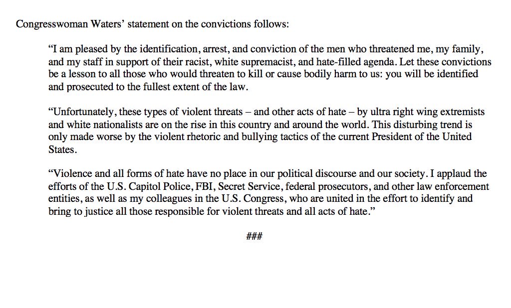 RepMaxineWaters's tweet photo. ICYMI: Additional White Supremacists Convicted for Threatening to Kill Rep. Maxine Waters: https://t.co/eU8jbvrLNL