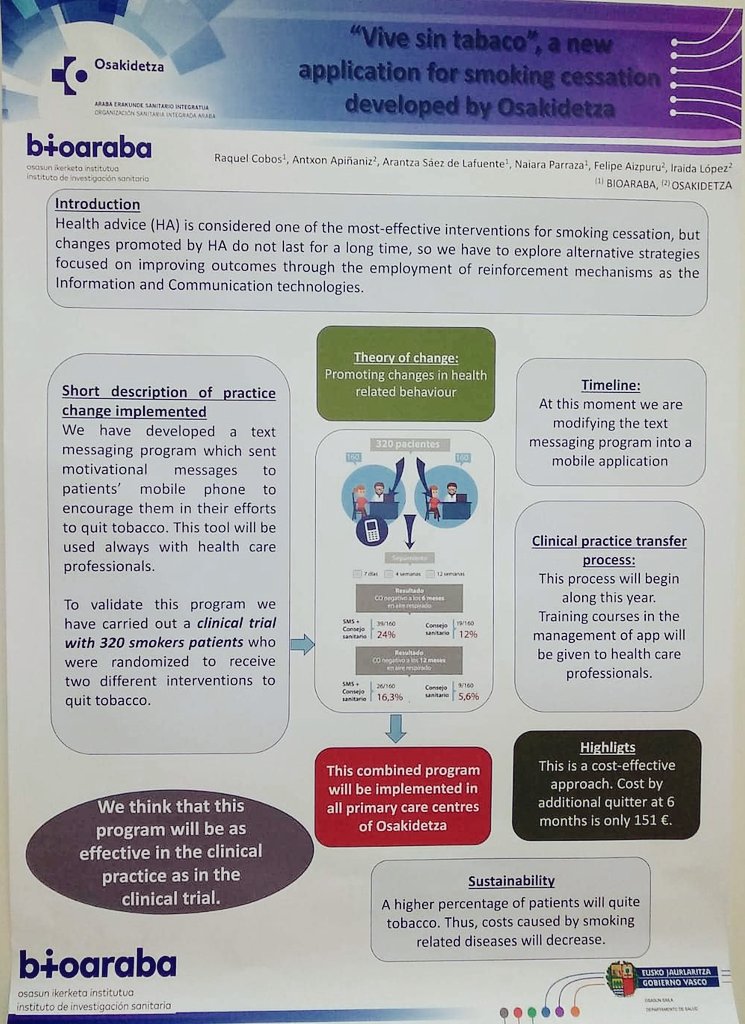 Smsalud2016's tweet photo. Gaur  #ICIC19 nazioarteko kongresuan gure Hormairudia aurkeztu dugu. "Vive sin tabaco”, a mobile application for #smoking cessation develovep by #osakidetzaEJGV #OSIArabaESI
 #IntegratedCare #IFICInfo
#zientzia
https://t.co/aZGRp2NkQN https://t.co/vacUD7uSnK https://t.co/jCr6wpEdFu