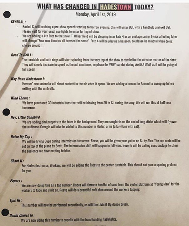 BroadwaySym's tweet photo. The #stagemanagement team @hadestown did #AprilFoolsDay right! Previews are very challenging, lots of change to manage. Daily Change Sheets like this are important reminders. This list had me concerned & then laughing! #smhumor #smlife #smfun #smproblems #smlove #stagemanager https://t.co/cVBji5tMYo
