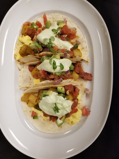 Chef Aeron's been at it again! Swing by TusCa to try this week's new breakfast special- these breakfast tacos are mouthwatering! #cornbeef #yukon #potato #eggs #picodegallo and #avocado #crema all on a #corn or #flour #tortilla