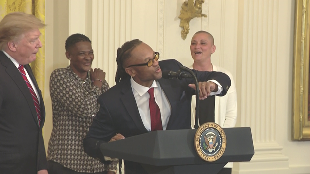 markknoller's tweet photo. Pres applauds Gregory Allen, one of several beneficiaries of the First Step Act. "Two months ago, I was in a jail cell," said Allen, and today, "I'm in the White House." He says that's "making America great again." https://t.co/d8YoHwthAp