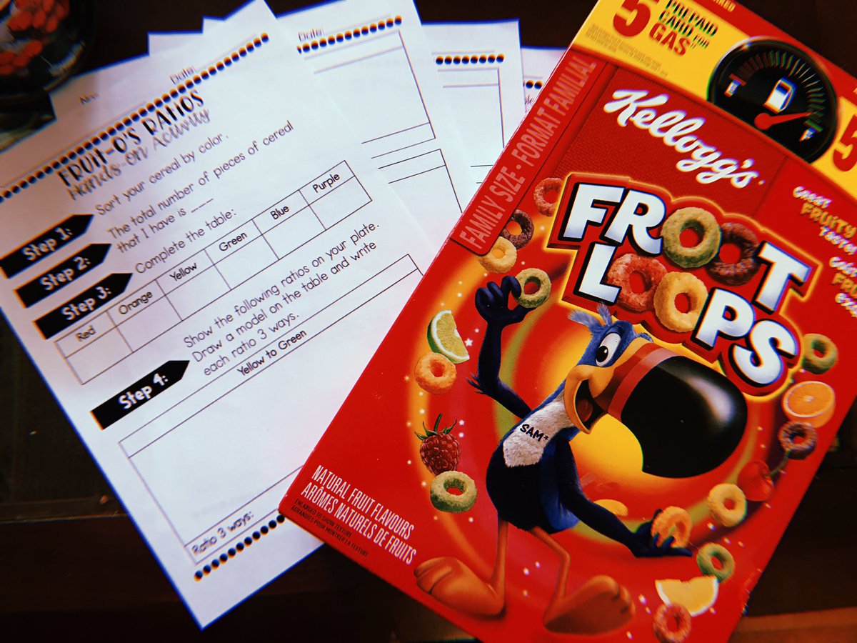 Miss_Kerby's tweet photo. Great first day of teaching with my grade 7/8s. My students explored and identified ratios with the use of Fruit Loops cereal. This was a great hands on and edible activity to help students understand the difference between part to part and part to whole ratio #ratios  @dsbn https://t.co/xKY1NsZrn2