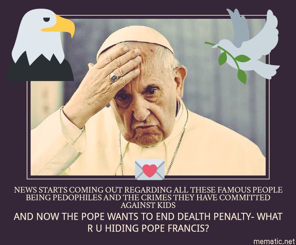 sheshifts001's tweet photo. @RT_com Translation: dangit, I’m stuck inside the Vatican because I refuse to be extradited for my copious crimes against humanity... no one will bring me McDonald’s or #adrenochrome...#panic setting in...

#boom #boom #boom @pontifex #weseeyou 😘💥
#GreatAwakening
#ArrestThePope
#QAnon https://t.co/ovK6S495jS