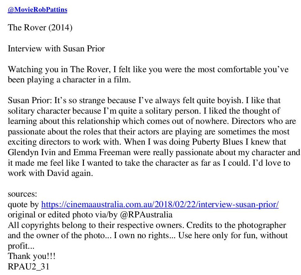 MovieRobPattins's tweet photo. #TheRover (2014) 1/3
Watching you in The Rover, I felt like you were the most comfortable you’ve been playing a character in a film.
#SusanPrior: It’s so strange because I’ve always felt quite boyish. I like that solitary character because I’m quite a solitary person. https://t.co/8vj7FUivRw