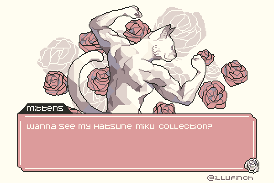 Mittens, 4 years old, purebred short-hair, just looking to have fun and meet new people. My hobbies include washing myself, yelling at 3am and asking for food then immediately rejecting it. NO dogs! #pixelart #pixel my part of the bizarre PD dating sim collab! 