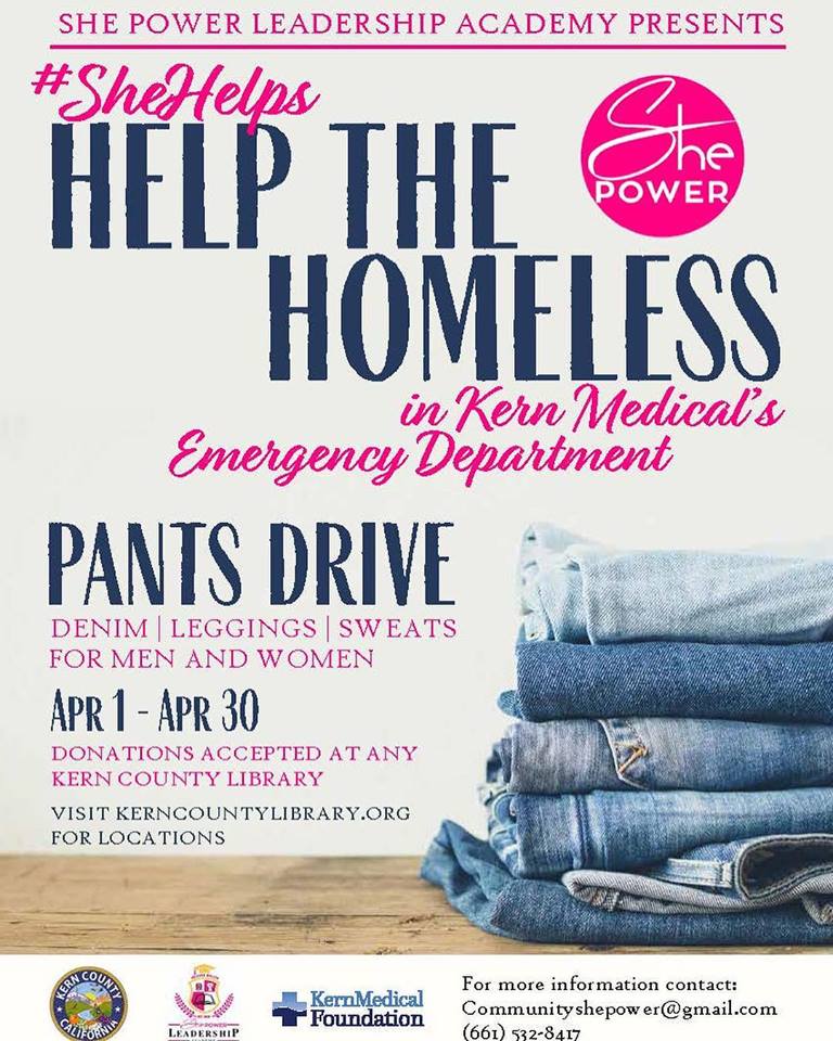 CountyofKern's tweet photo. We have partnered alongside ShePower Leadership Academy and Kern Medical for the #SheHelps Pant Drive. They will be collecting pants for men, women and children at various @KernCntyLibrary locations unitl April 30th. 👖👖👖 https://t.co/qmwXtWpFF6